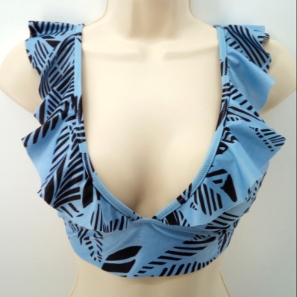 Aerie Triangle Ruffle Blue Black Palm Print Bikini Top S 2020 Collection Beach